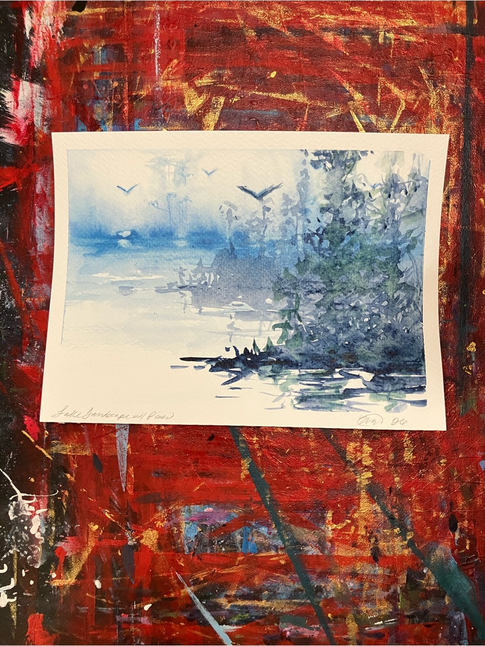ORIGINAL lake landscape painting nature tree art bird artwork NEW Artettina USA
